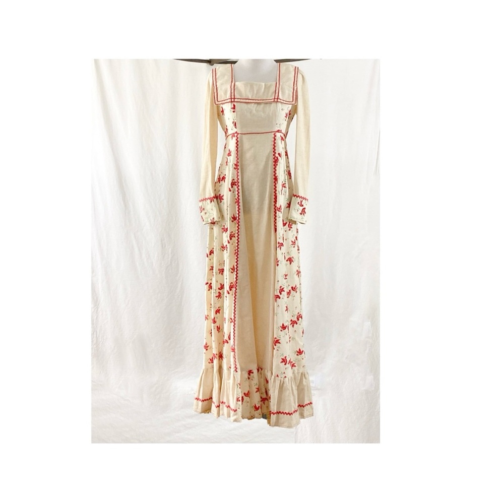 1970’s Red Velvet Bird Print Prairie Dress by Black Label Gunne Sax